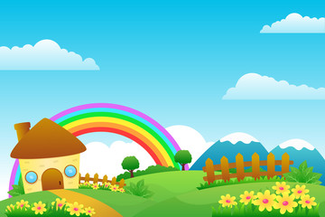 Fantasy village vector illustration with old house. beautiful nature view, rainbow and blue sky