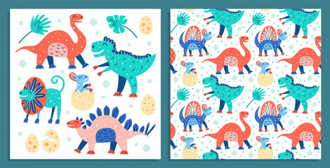 Set of little cute dinosaurs postcards. Triceratops, T-rex, diplodocus, stegosaurus, dino eggs. Prehistoric animals. Jurassic world. Flat cartoon colourful vector hand drawn seamless pattern, texture.