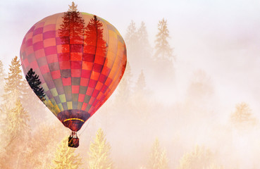 Obraz premium double exposure of hot air balloon and foggy forest freedom and nature concept