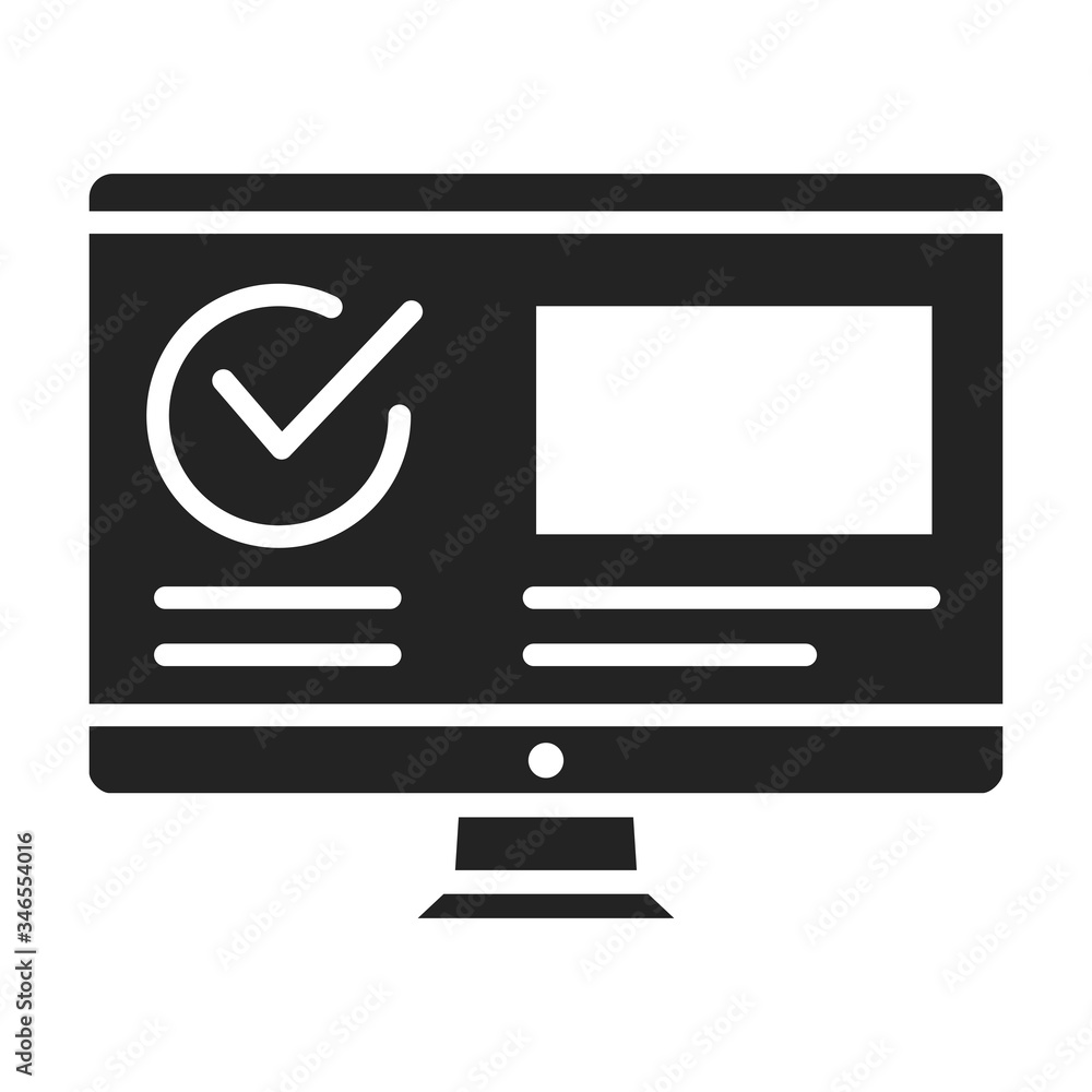 Poster computer with approved checkmark black glyph icon. successful registration, update or download conce