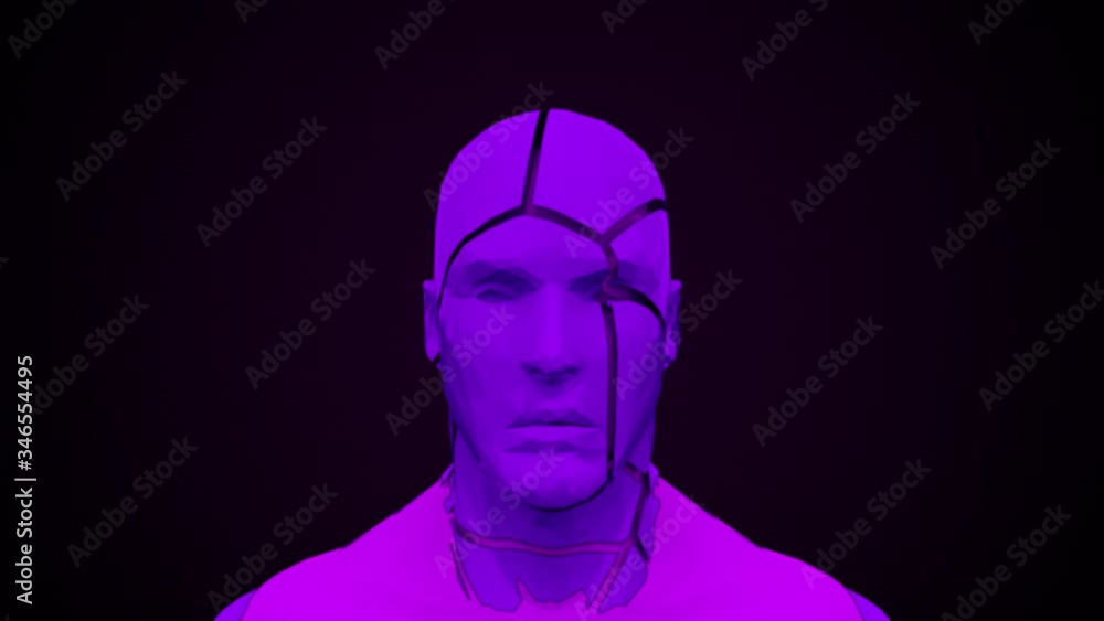 Poster human head with collapsing face. computer generated futuristic background. 3d rendering head deformi
