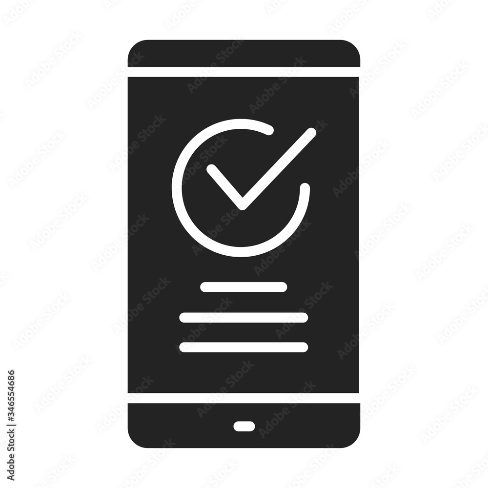 Poster smartphone and checkmark black glyph icon. approved tick notification, idea of successful update che
