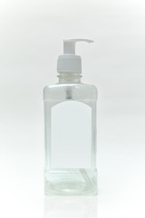 Alcohol Hand Sanitiser, Liquid Hand Wash Bottle Isolated on White Background, Coronavirus, Transparent Spray Bottle, Transparent Pump, Blue Liquid Disinfectant