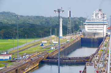 Modern white Princess Cruises cruiseship or cruise ship liner Island Princess cruises in Gatun...