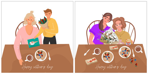Happy mother's day. Set of cute vector flat illustrations for mom. An adult daughter and mother have breakfast together and celebrate Mother's Day. A son who congratulates mom.