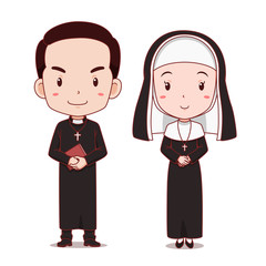 Cartoon character of catholic priest and nun.