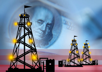 Petroleum. Drilling rigs next to franklin portrait. Concept - price of oil. Exchange value of...