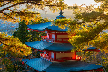 Fototapeta premium Japan. Scenery of the city of Fujiyoshida. Buddhist pagoda in the middle of autumn trees. Top of the Japanese pagoda close-up. Pagoda on the background of the city of Fujiyoshida. Tour of Japan.