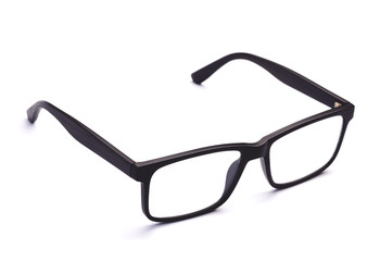 Eyeglasses Isolated, Close Up of Spectacles in Black Plastic Frame on White Background