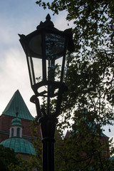 architecture, building, church, old, sky, lamp, europe, city, tower, street, light, lantern, travel, window, blue, roof, town, italy, wall, house, ancient, antique, religion, stone, landmark,gas,lamp,