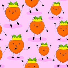 Seamless Pattern Little Girls Persimmons on Rose Background. Persimmon Сharacter in the Сrown like a Princess. Cute and Happy Kaki Smile, Dance, Wave and Jump. Vector Illustration for Kids