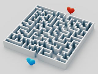 The complex world of emotions. Red heart hidden inside a maze. Love concept. 3d rendering