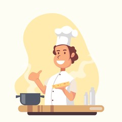 cartoon cook chef illustration, bring cake dishes, restaurant cook chef hat and cook uniform, professions job, vector character restaurant staff flat design,for website, poster, pamphlet or any design