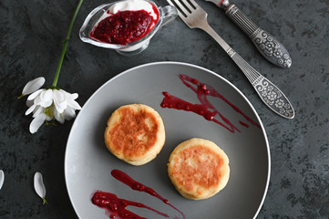 Cheese pancakes on a flat lay. View from above