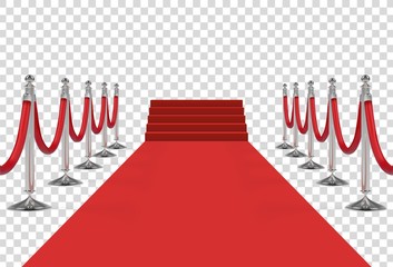 Red carpet on stairs with red ropes on silver stanchions