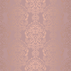 Damask openwork seamless floral pattern. Pink-beige gold background color, lace fabric in vector