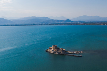Aerial view of Old Venetian fortress on the island of Bourtzi, Nafplion, Greece