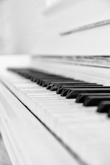 Close up white piano keyboard. Music instrument. Black and white key. Play sound, chord, melody. Classical, musical art. Jazz performance, entertainment. Musician background. Classic note harmony.