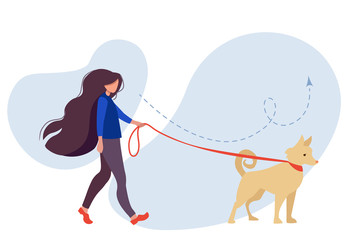 Woman walking a dog in the summer. Cute vector illustration in flat style.