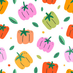 Bell pepper seamless pattern, hand drawn doodles . Yellow, green and red paprika, various sweet pepper vegetable, Vector food illustration in cartoon simple flat style.
