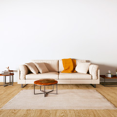 Realistic Interior Render with Wooden Floors, Cozy Sofa and Decorations