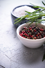 Colored pepper, sea salt and rosemary. On gray background. Free space for text.