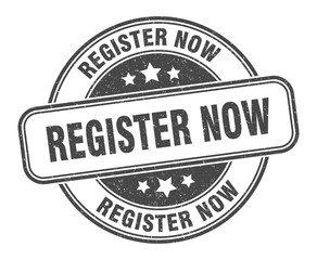 register now stamp. register now round grunge sign. label