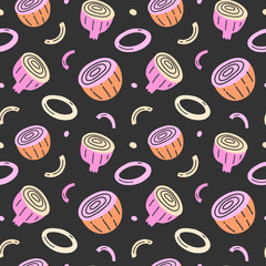 Onion doodles, onion vegetable cut in halves with slices and rings, vegetable food illustration, seamless vector pattern, trendy ornament, good as kitchen print, modern flat hand drawn art