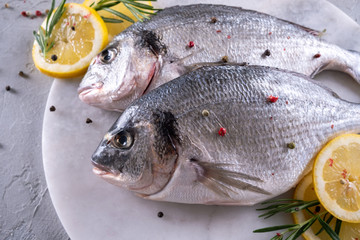 Fresh raw sea bream fish decorated with lemon slices, herbs on gray background. Healthy food concept, top view, copy space