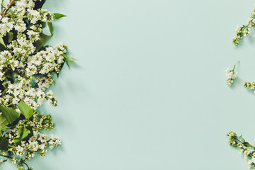 Spring flowers. Frame of twigs of blooming white lilac on a blue background. top view. place for text