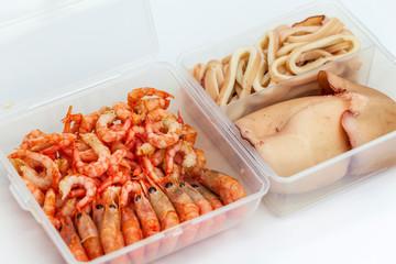 seafood, boiled squid carcass with small octopus and shrimp