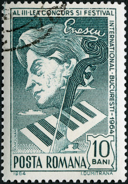 ROMANIA - 1964: shows George Enescu (1881-1955), Piano Keys Neck of Violin, International Festival and Competition, 1964