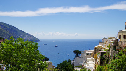 Breathtaking and beautiful view of Positano town at famous Amalfi Coast in Italy with picturesque...