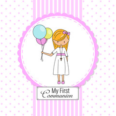 First communion card. Little girl with colored balloons