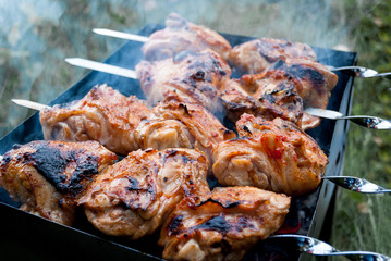closeup grilled chicken meat on charcoal outdoors with smoke