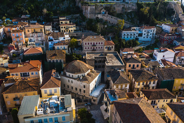 Fototapeta premium Old traditional church and streets of Nafplion, Greece, Peloponnese aerial view of the city