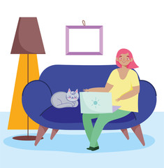 working remotely, young woman and cat with laptop on sofa, room with lamp