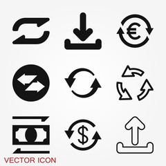 Transfer vector icon. Money symbol isolated on background.