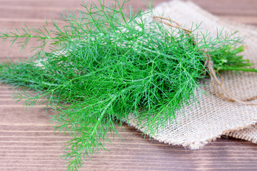 Fresh green dill on the rustic wooden background closeup. Fresh dill as a healthy herbal condiment.