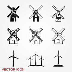 Windmill vector icon, wind turbine symbol isolated on background.