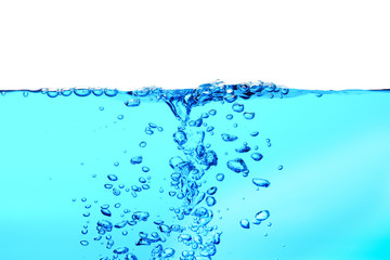 Blue sea water wave with bubbles on white background, (drink more water concept)