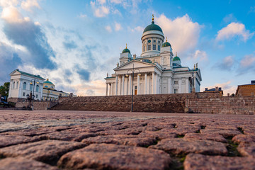 Helsinki. Finland. Stones on the Senate square in Helsinki. .Suurkirkko. Cathedral Of St. Nicholas The Wonderworker. Cathedrals Of Finland. Panorama of the Senate square in summer.