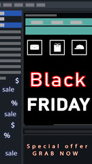 Text BLACK FRIDAY and different shopping icons on dark background