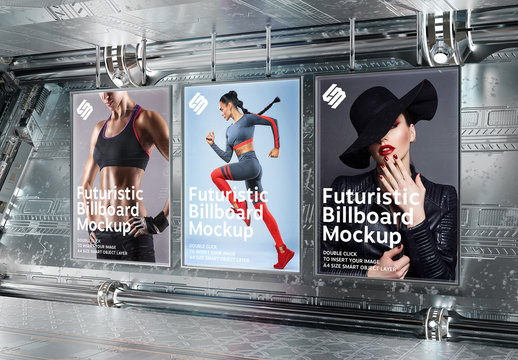 Billboards on Futuristic Underground Wall Mockup
