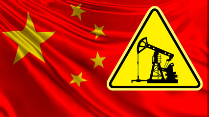 Warning sign with the image of an oil rig on the background of the flag of China. Chinese flag and a yellow triangle on the oil rig. Problems in the oil industry of PRC. Crisis in the fuel market.
