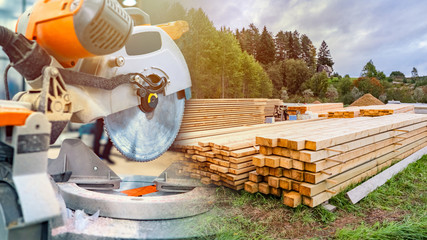 Circular saw on the background of wooden boards. Construction of wooden cottages. Delivery of lumber to the construction site. Material for construction. Woodworking equipment.