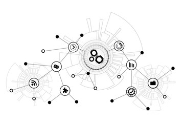 Set of linked icons and gear mechanism on white background