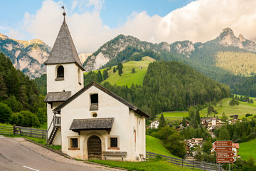 Fototapeta na wymiar San Cipriano Romanesque Chapel, Tires Valley, Dolomites, South Tyrol, Italy, Europe