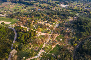 Obraz premium Aerial bird's eye view photo taken by drone of archaeological site of Ancient Olympia, Peloponnese, Greece