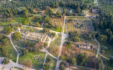 Aerial bird's eye view photo taken by drone of archaeological site of Ancient Olympia, Peloponnese,...